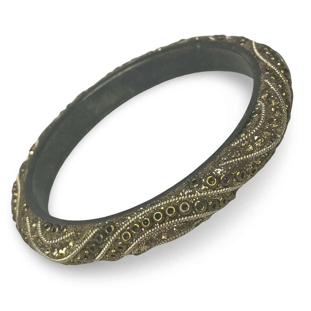 Black Rhinestone Brass Bead Bangle Bracelet Vintage